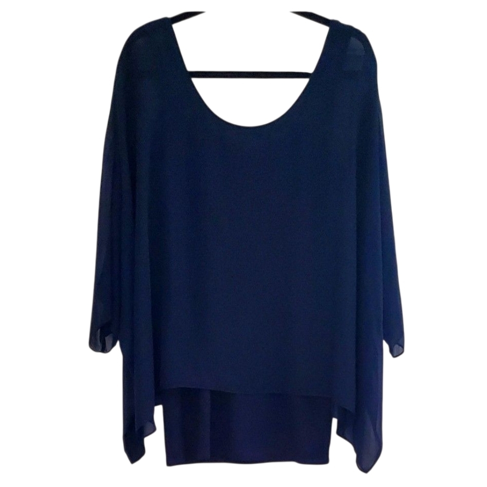 White House Black Market Blue Kimono Sleeve Chiffon Overlay Tunic Blouse Size S